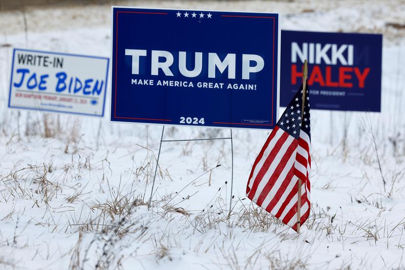 Campaign signs for Republican presidential candidates former President Donald Trump and former UN Ambassador Nikki Haley