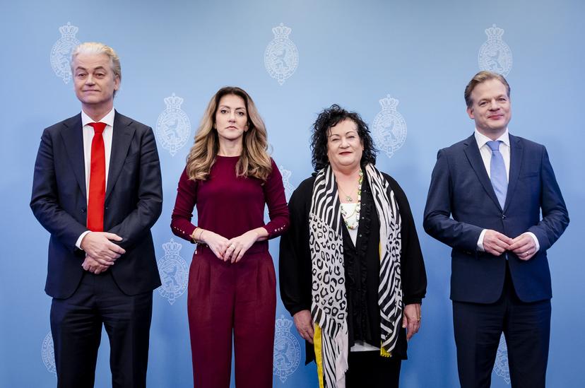 DEN HAAG - Geert Wilders (PVV), Dilan Yesilgoz (VVD), Caroline van der Plas (BBB) en Pieter Omtzigt (NSC) 